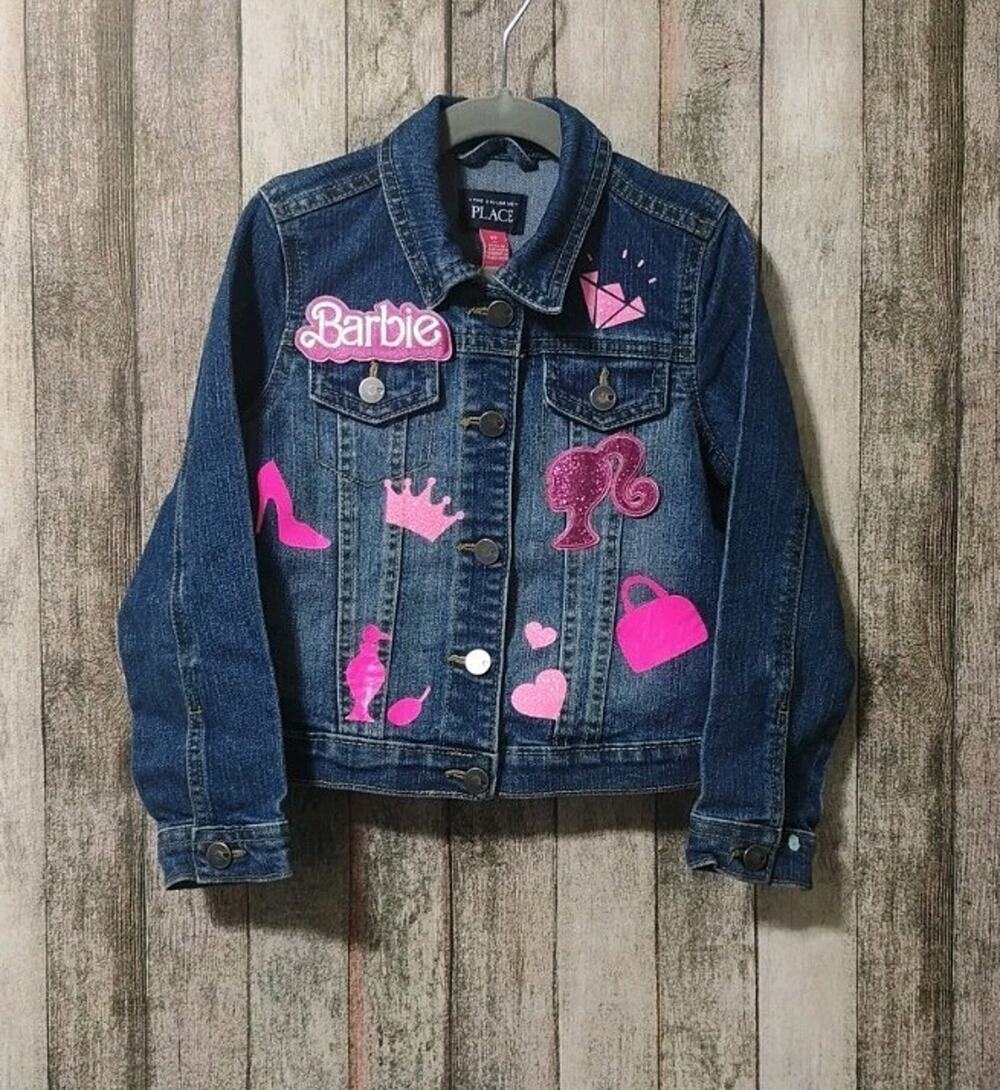 Girls The Children’s Place Blue Jean Jacket w/ Pink Barbie Appliqués/Patches 5T